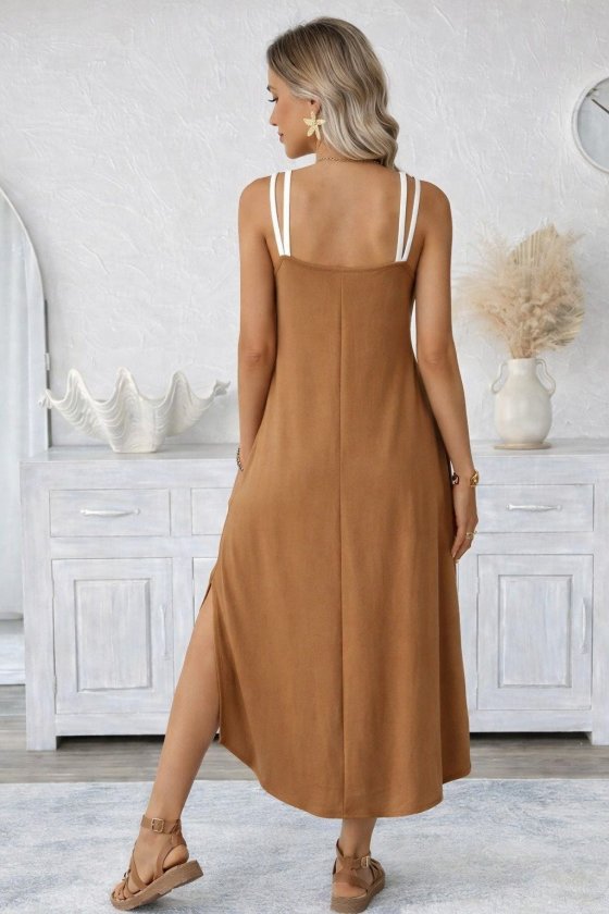 Women's Spaghetti Strap Round Neck Pocket Long Viscose Dress