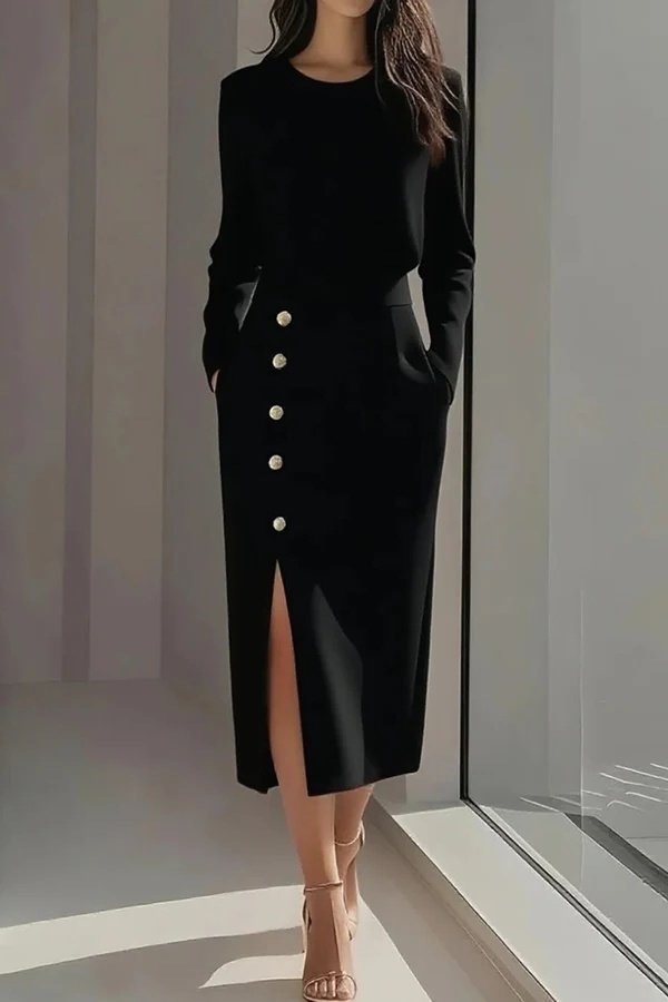 Women's Long Sleeve Crew Neck Side Slit Buttoned Midi Imported Crepe Dress