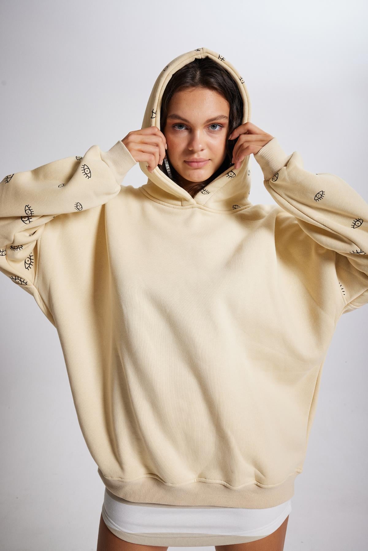 Oversize Kapüşonlu Unisex Eye Sweat Bej