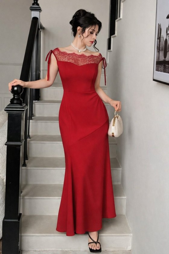 Women's Chest and Collar Lace Detail Boat Neck Look Long Imported Crepe Dress