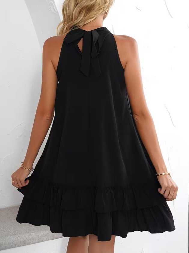 Women's Off-the-Shoulder Halter-Neck Short Sandy Dress with Teardrop Detail and Ruffles