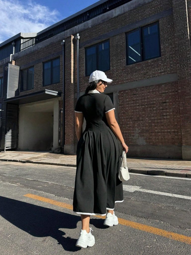 Women's Short Sleeve V Neck Pleated Long Ruffled Crepe Dress