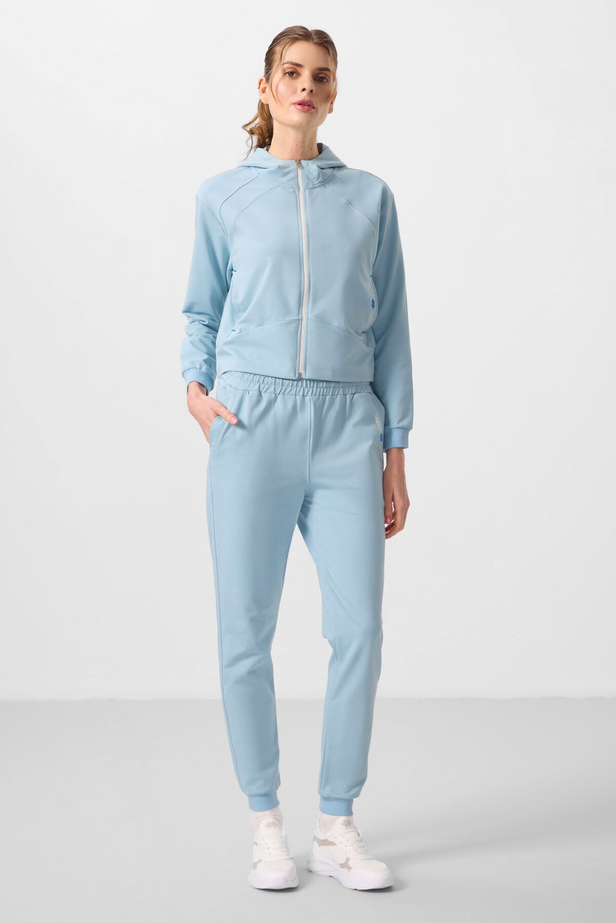 Açık Mavi Kapüşonlu Fermuarlı Oversize Kadın Eşofman Takım - 95328