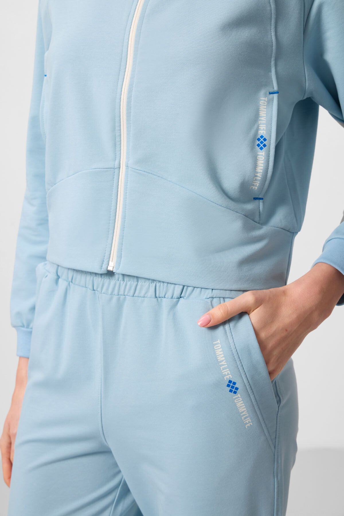 Açık Mavi Kapüşonlu Fermuarlı Oversize Kadın Eşofman Takım - 95328