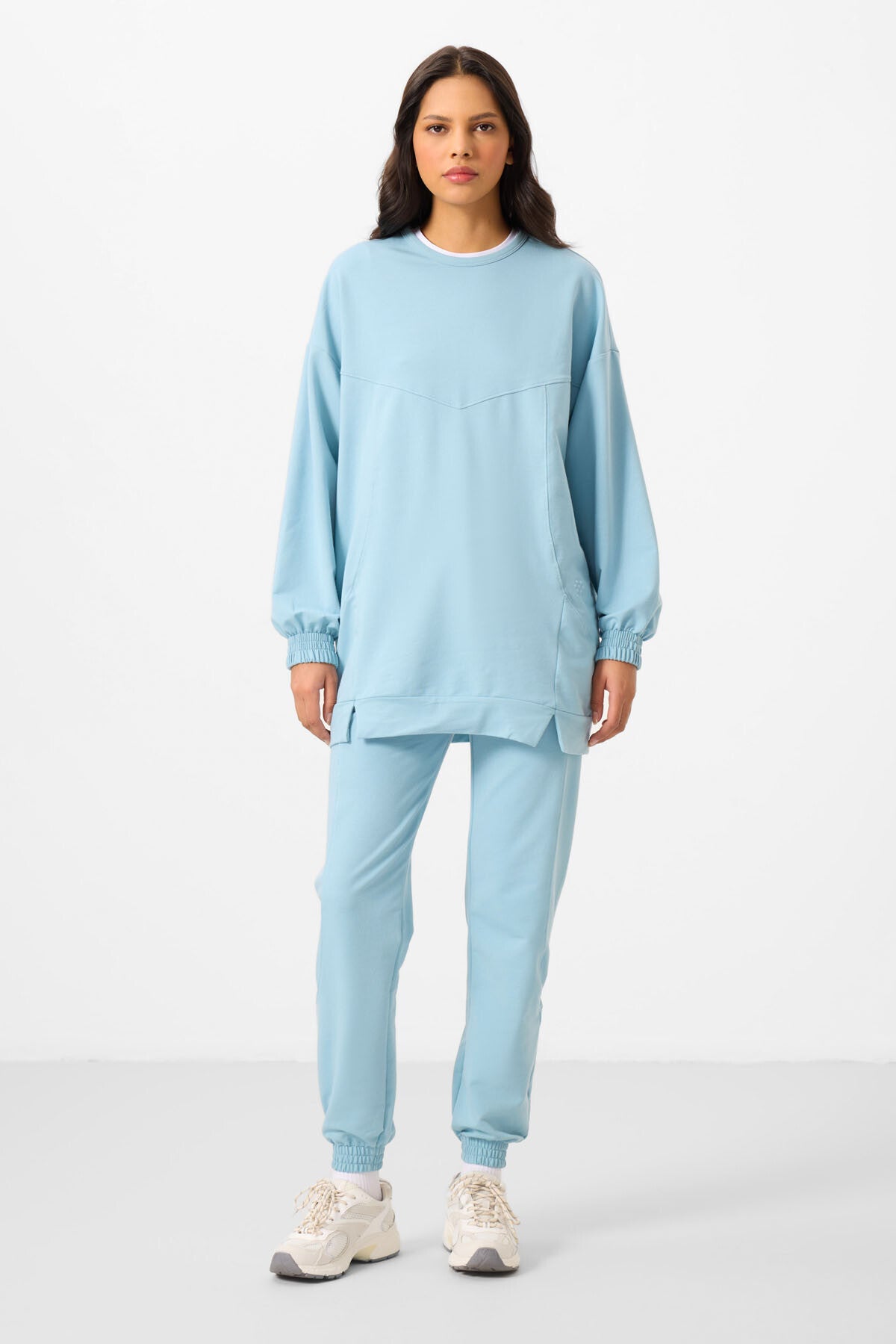 Açık Mavi O Yaka Basic Oversize Kadın Eşofman Tunik Takım - 95347