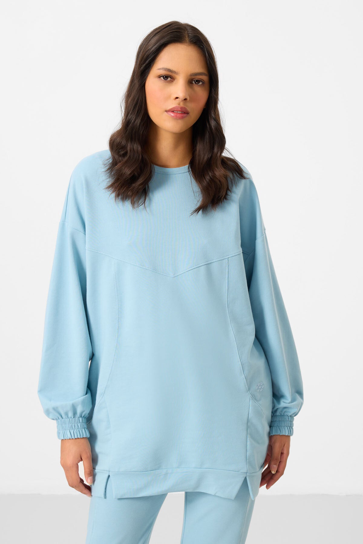 Açık Mavi O Yaka Basic Oversize Kadın Eşofman Tunik Takım - 95347