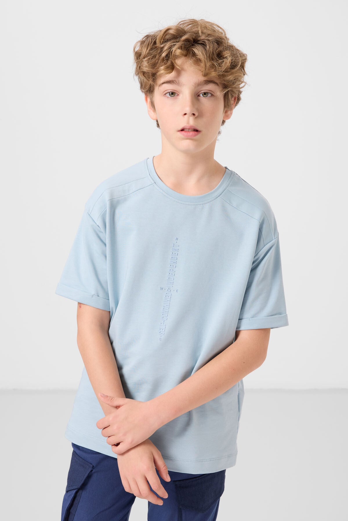 Açık Mavi Pamuklu Yumuşak Dokulu Oversize Baskılı Erkek Çocuk T-Shirt - 11301