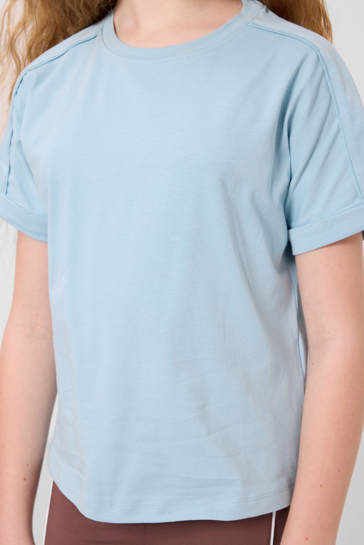 Açık Mavi Pamuklu O Yaka Oversize Fit Basic Kız Çocuk T-Shirt - 75182