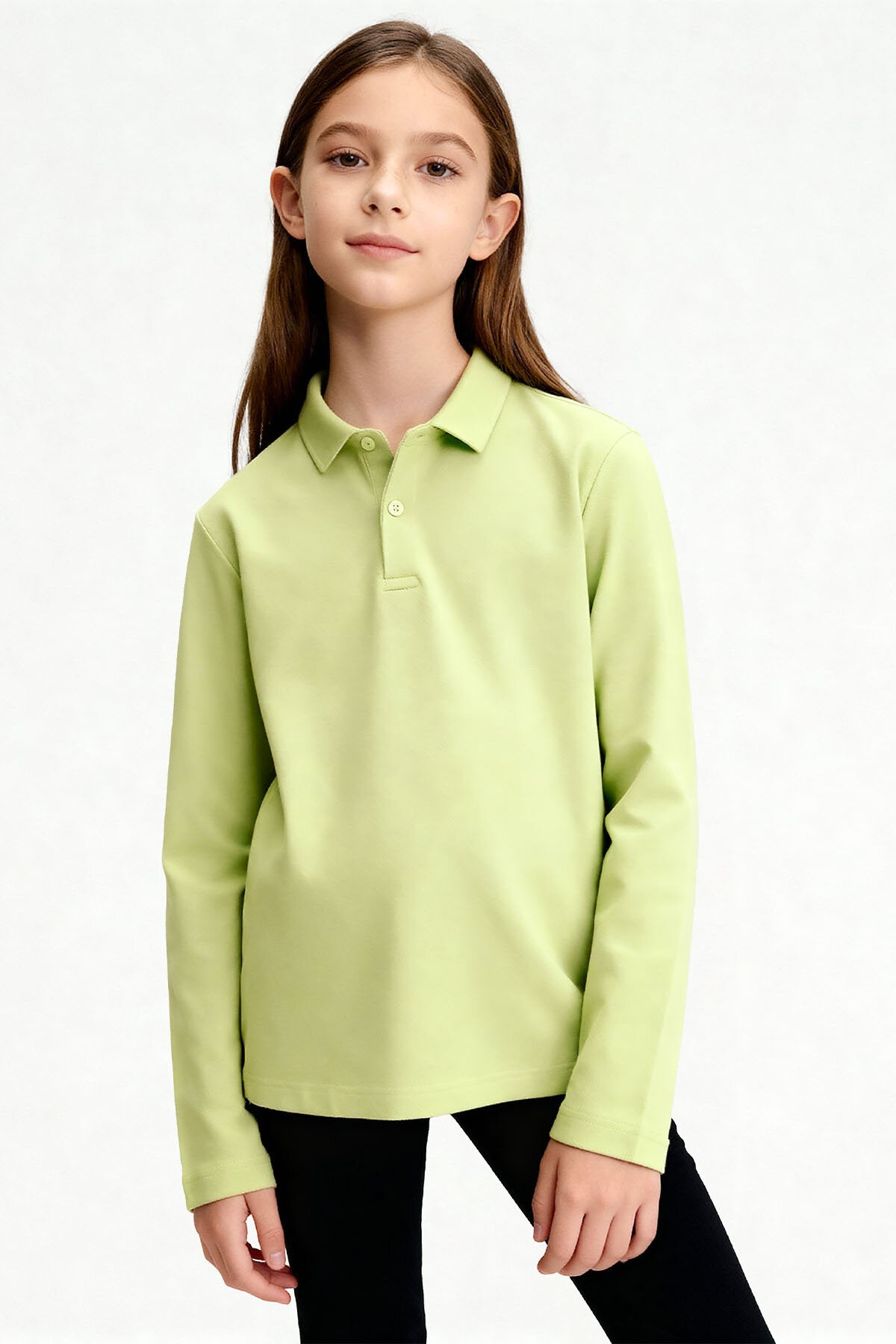 Açık Yeşil Polo Yaka Basic Uzun Kollu Unisex Çocuk T-Shirt - 11170