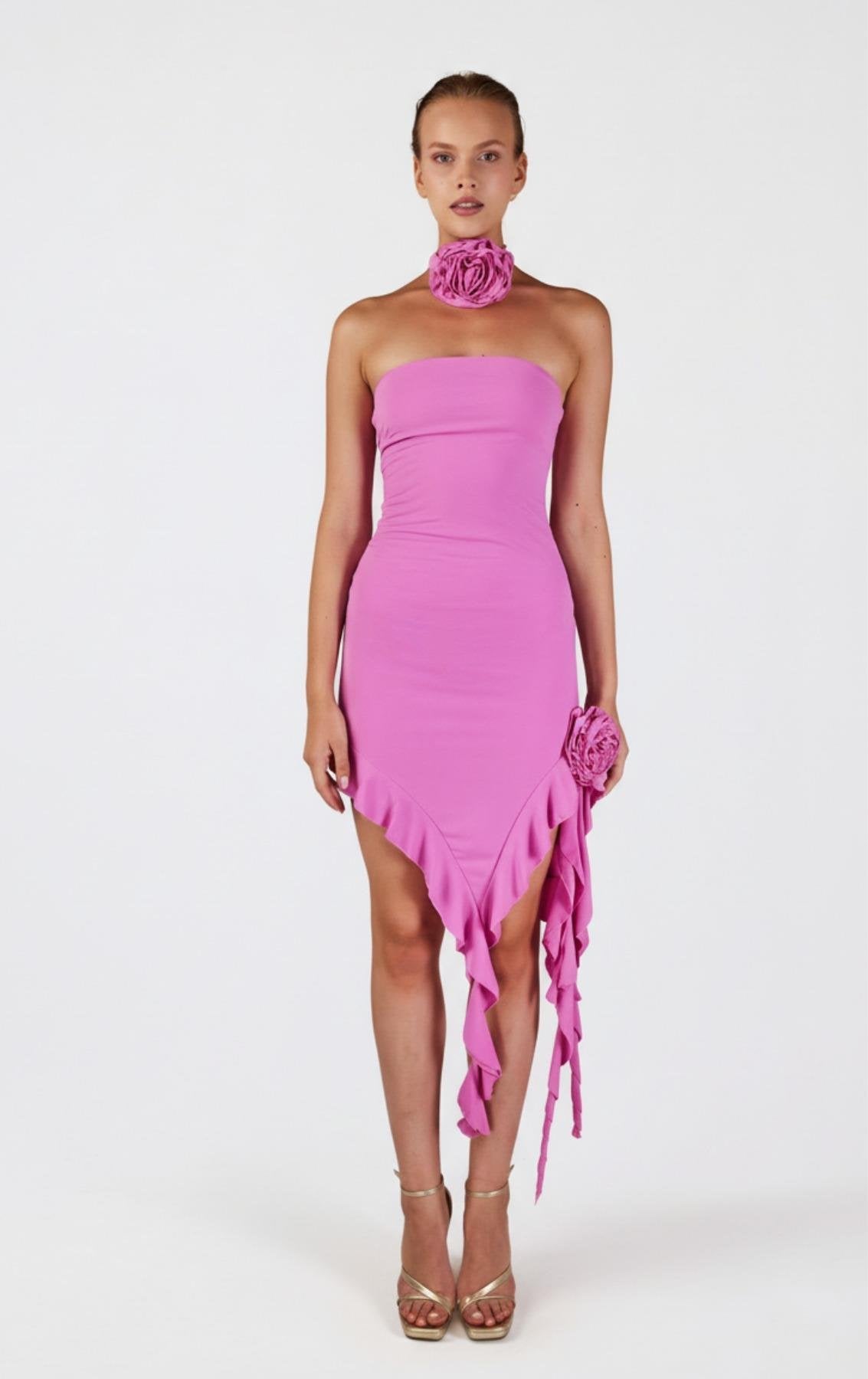 Çiçek Detaylı Fırfırlı Rosanna Elbise Pembe