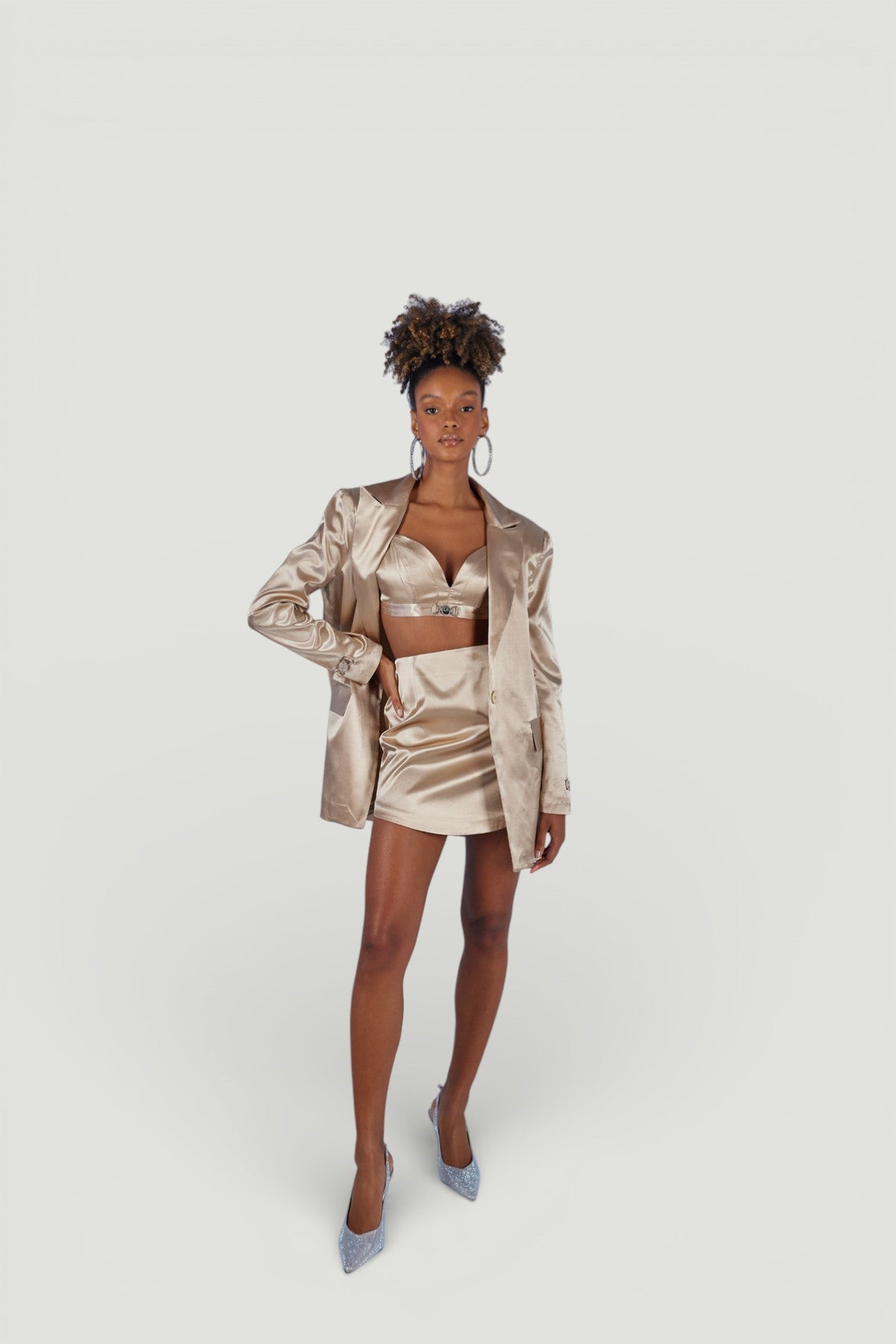 Vatkalı Uzun Kol Astarlı Saten Fancy Blazer Ceket Bej Bej L