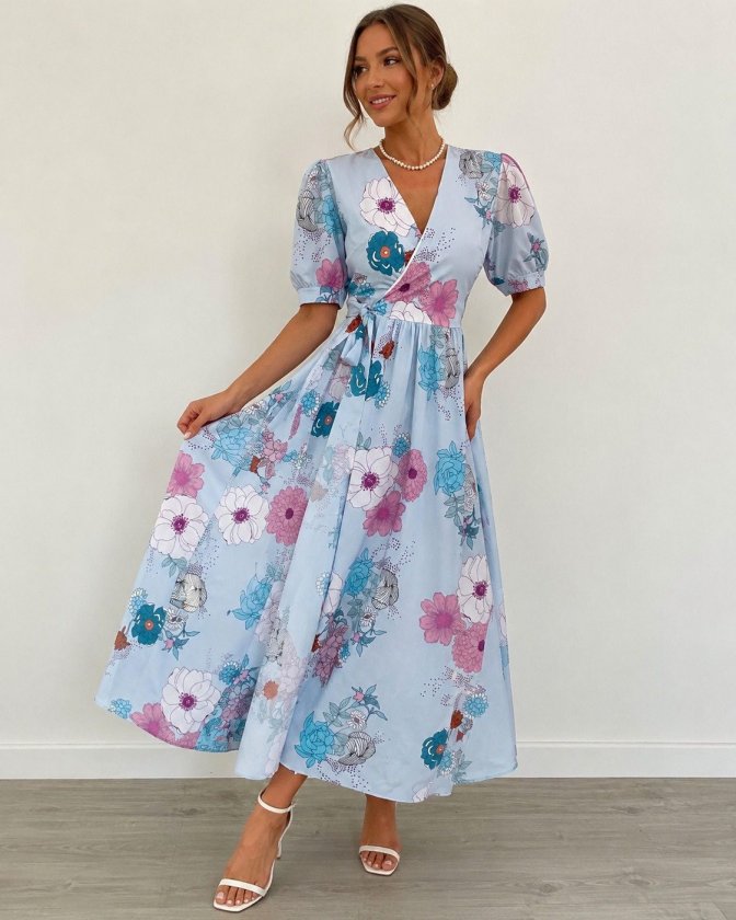 Women's Short Sleeve Wrap Collar Side Tie Patterned Long Supreme Dress