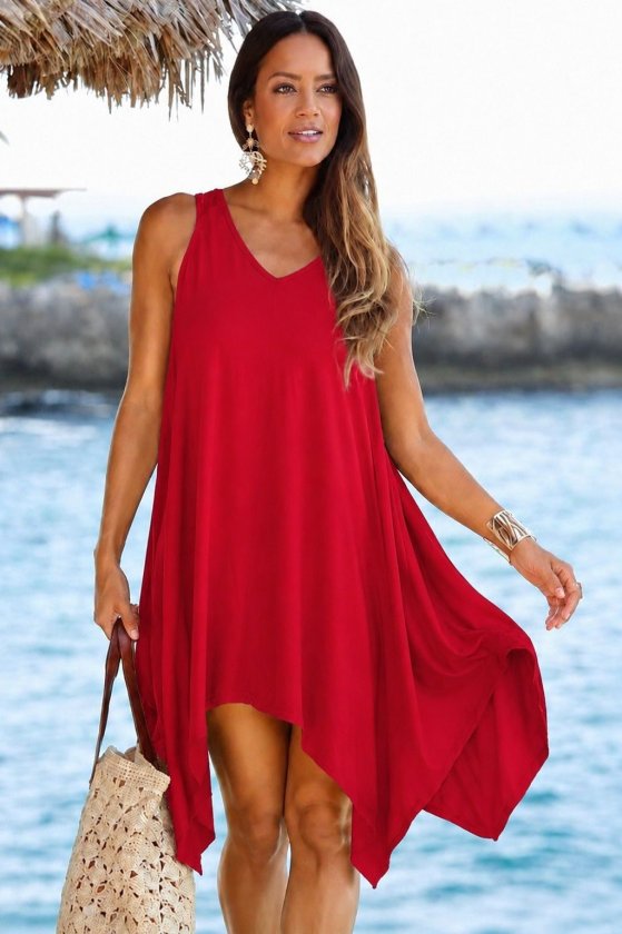 Women's Sleeveless V-Neck Asymmetric Cut Detailed Short Viscose Dress