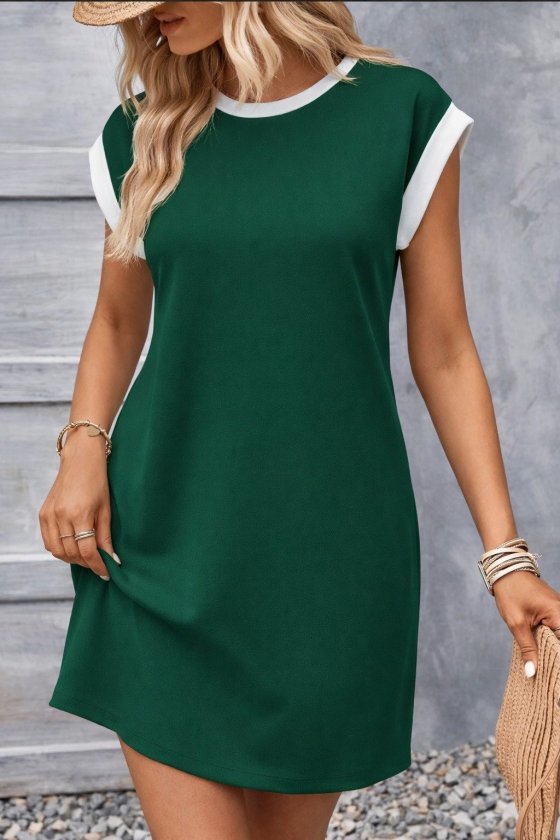 Women's Short Sleeve Round Neck Contrast Cuff Detailed Short Ruffle Crepe Dress