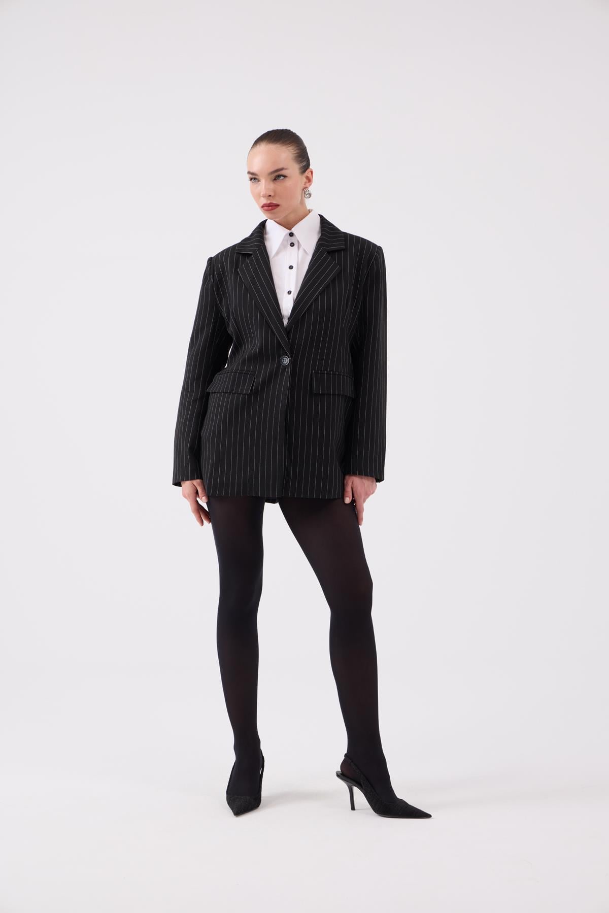 Oversize Kesim Çizgili Strip Blazer Ceket Siyah