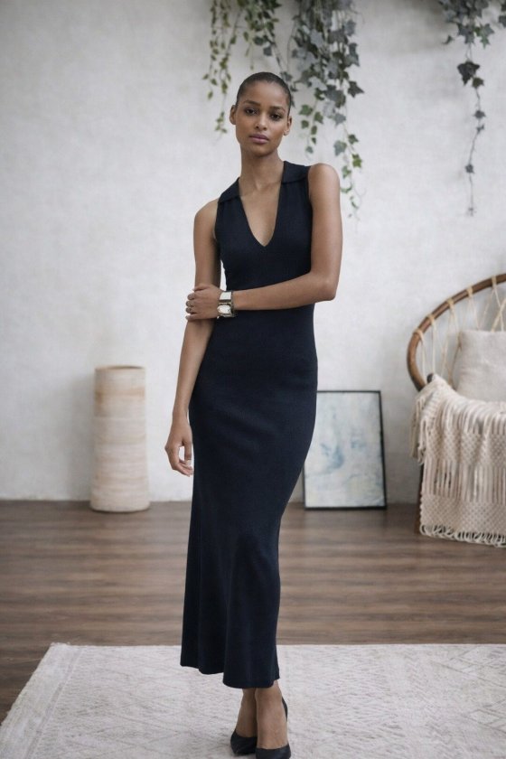 Women's Sleeveless V Neck Long Knit Dress