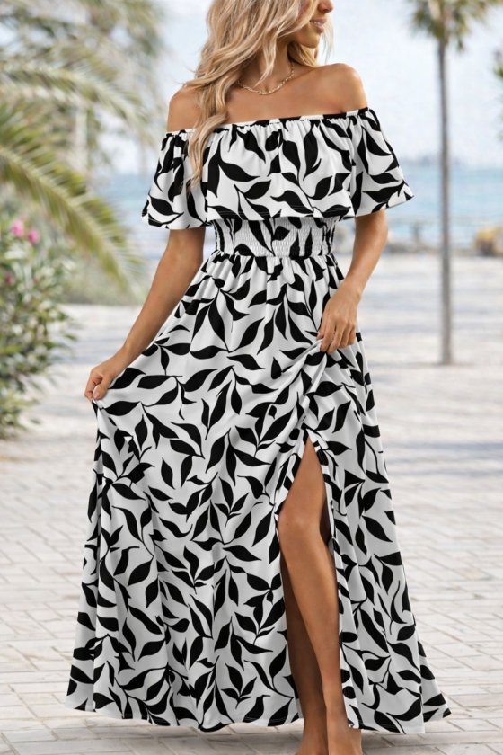 Women's Madonna Collar, Chest Elastic, Slit, Long Patterned Supreme Dress