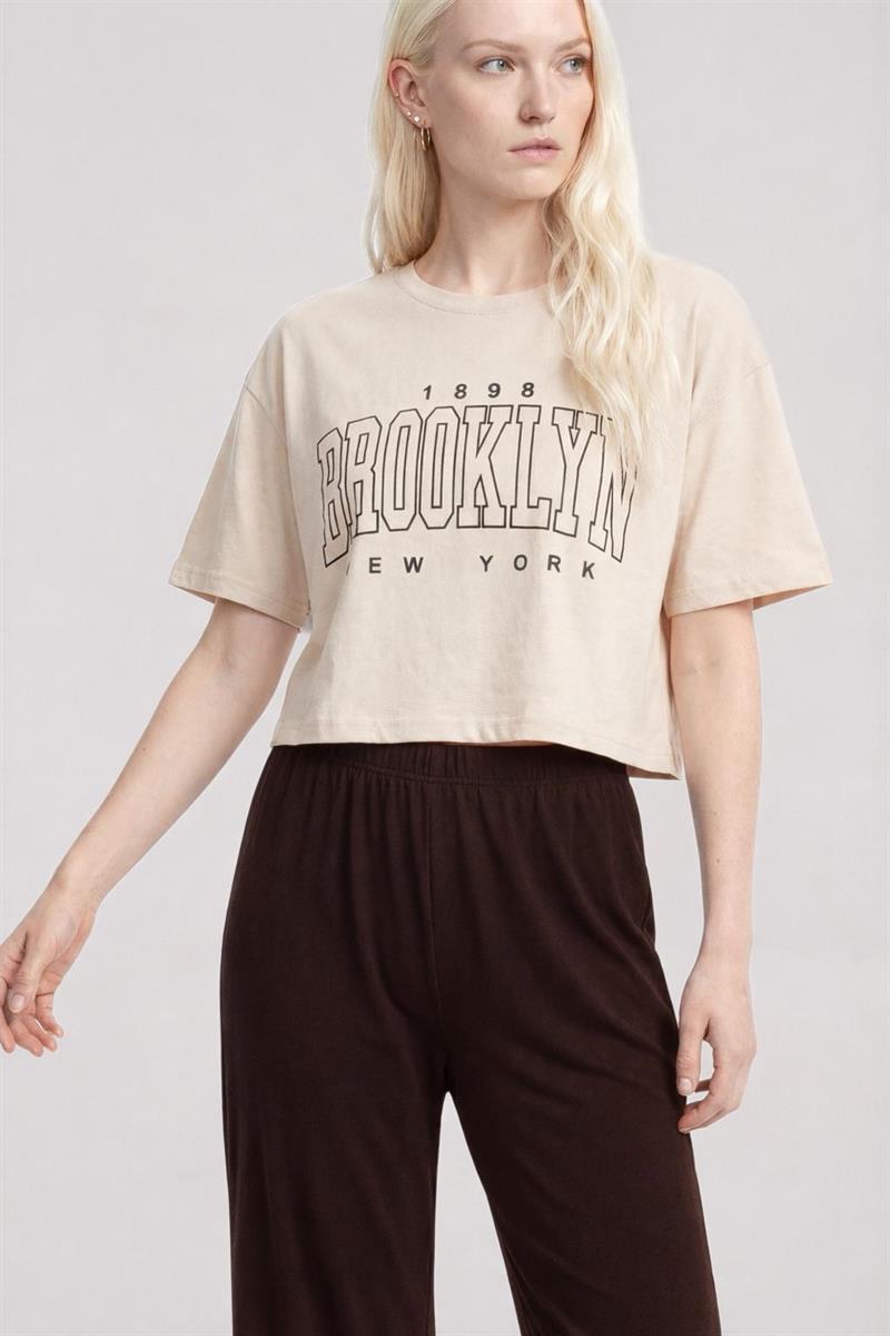 Akbeniz Baskılı Crop T-Shirt Pantolon Takım Kum Kahve