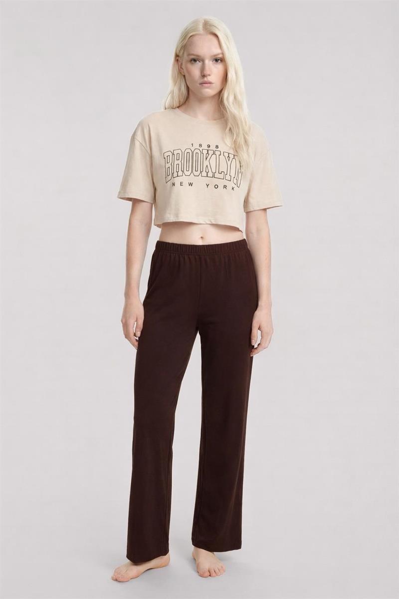 Akbeniz Baskılı Crop T-Shirt Pantolon Takım Kum Kahve