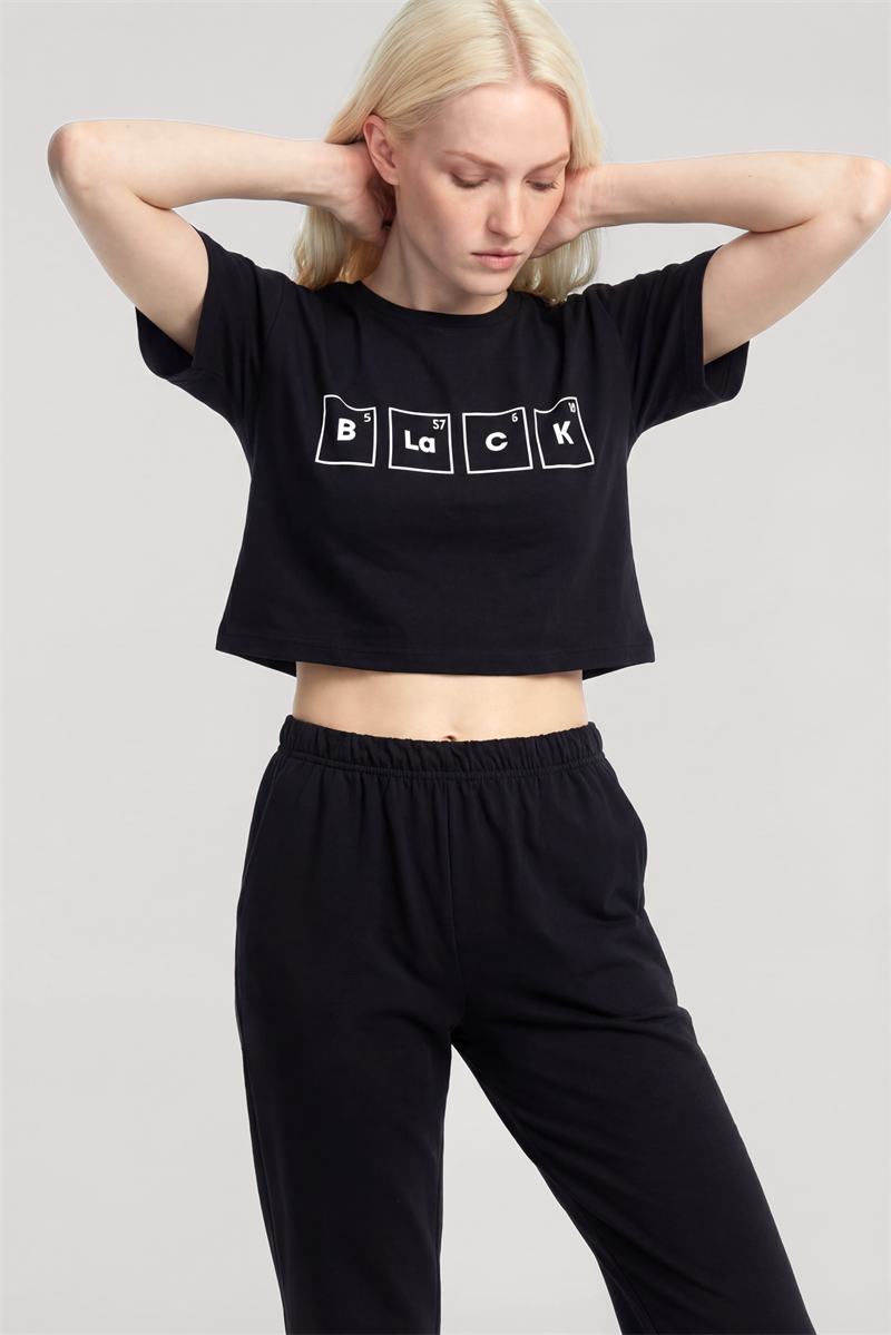 Akbeniz Baskılı Crop T-Shirt Pantolon Takım Siyah
