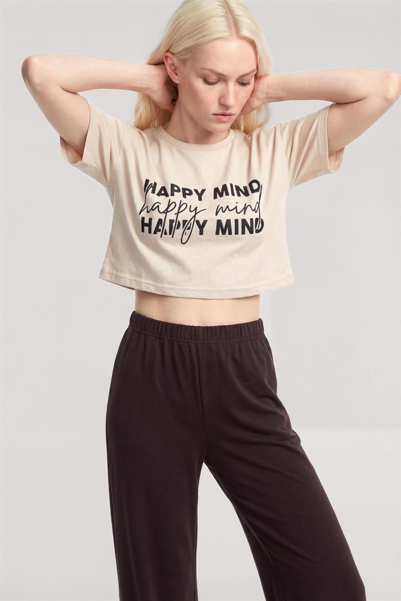 Akbeniz Baskılı Crop T-Shirt Pantolon Takım Kum Kahve