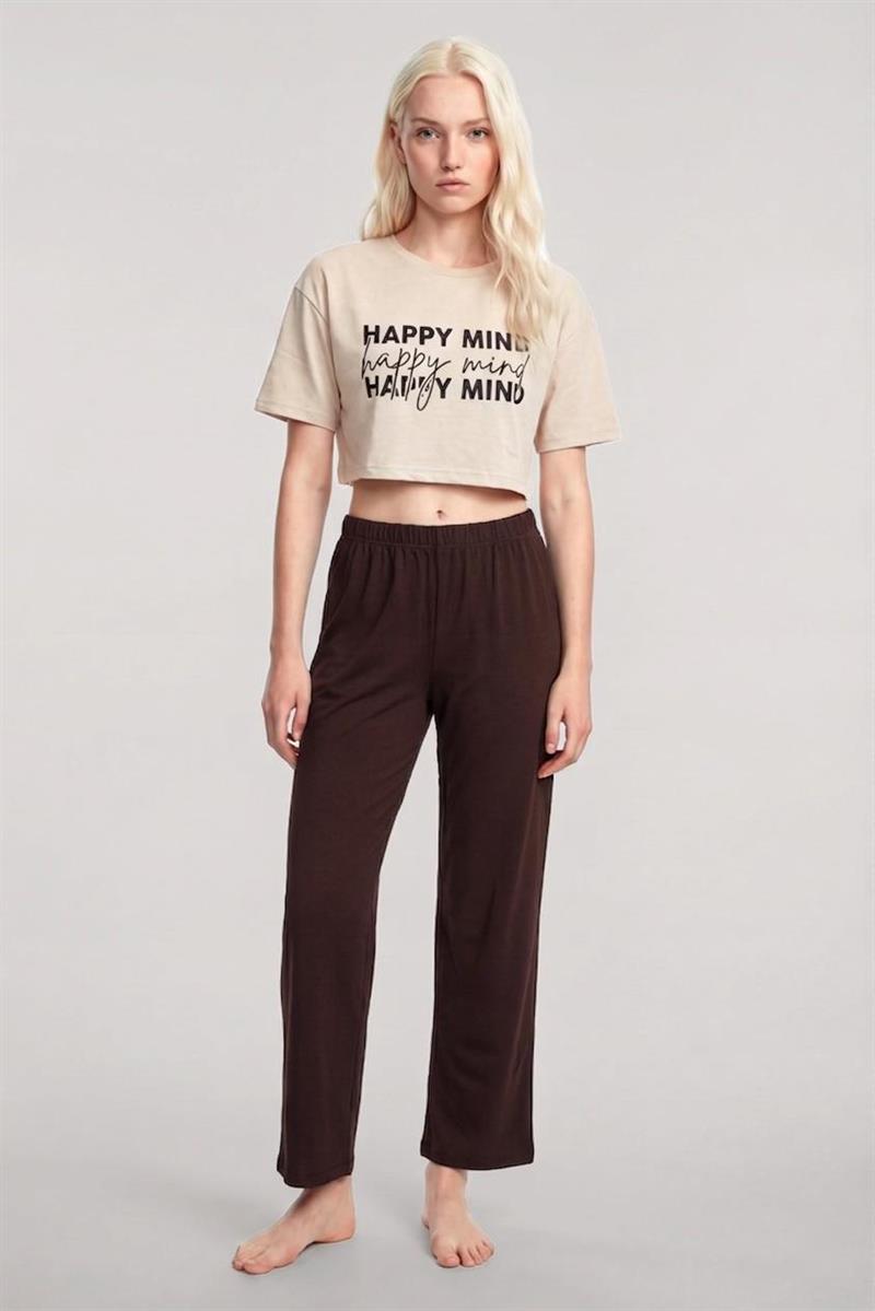 Akbeniz Baskılı Crop T-Shirt Pantolon Takım Kum Kahve