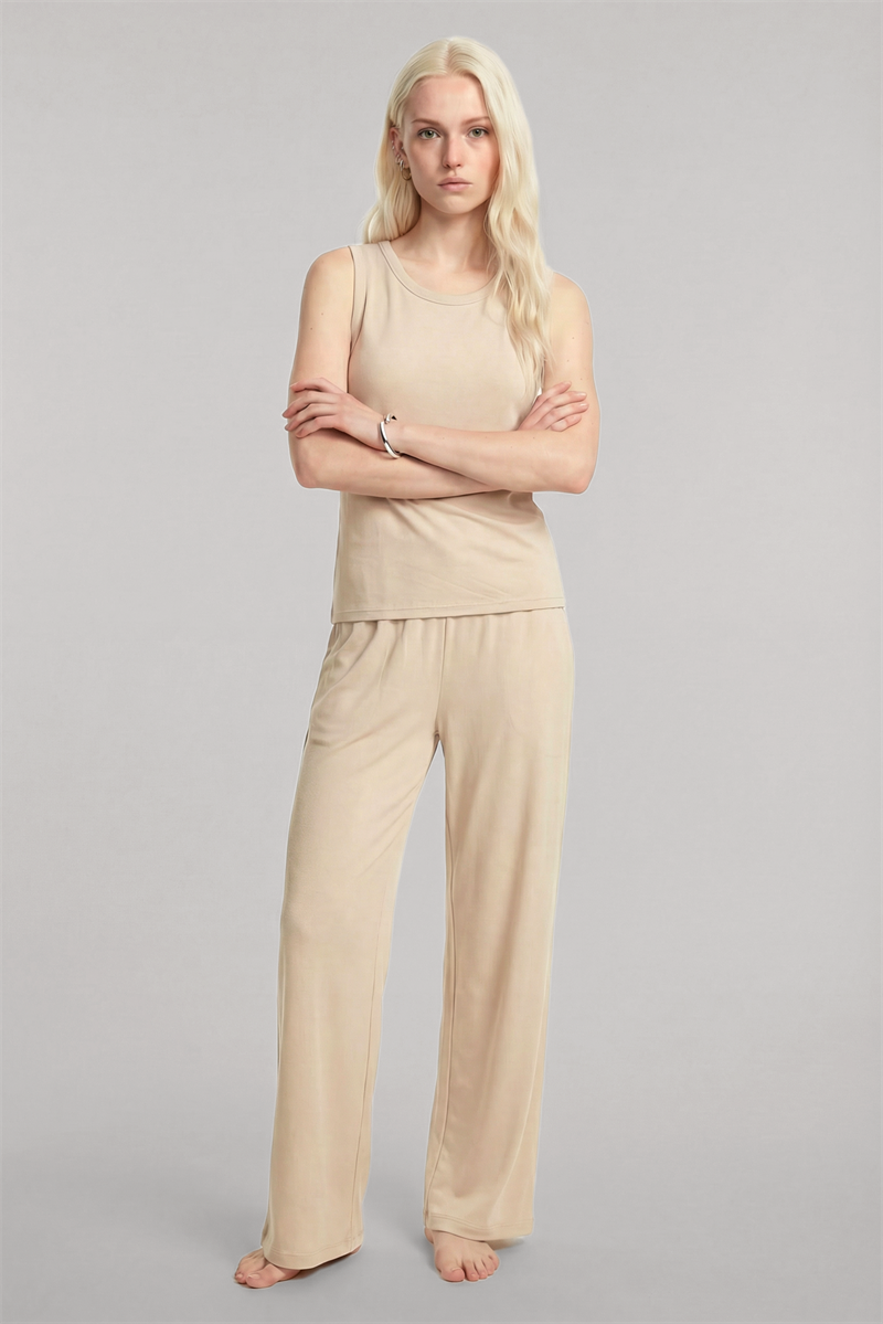 Akbeniz Bisiklet Yaka Kolsuz Yumuşak Dokulu Pijama Takımı Bej