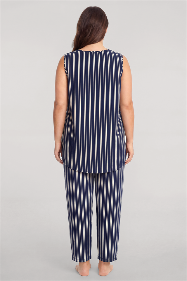 Akbeniz Büyük Beden Lacivert Çizgili Yelekli Yazlık Pijama Takımı