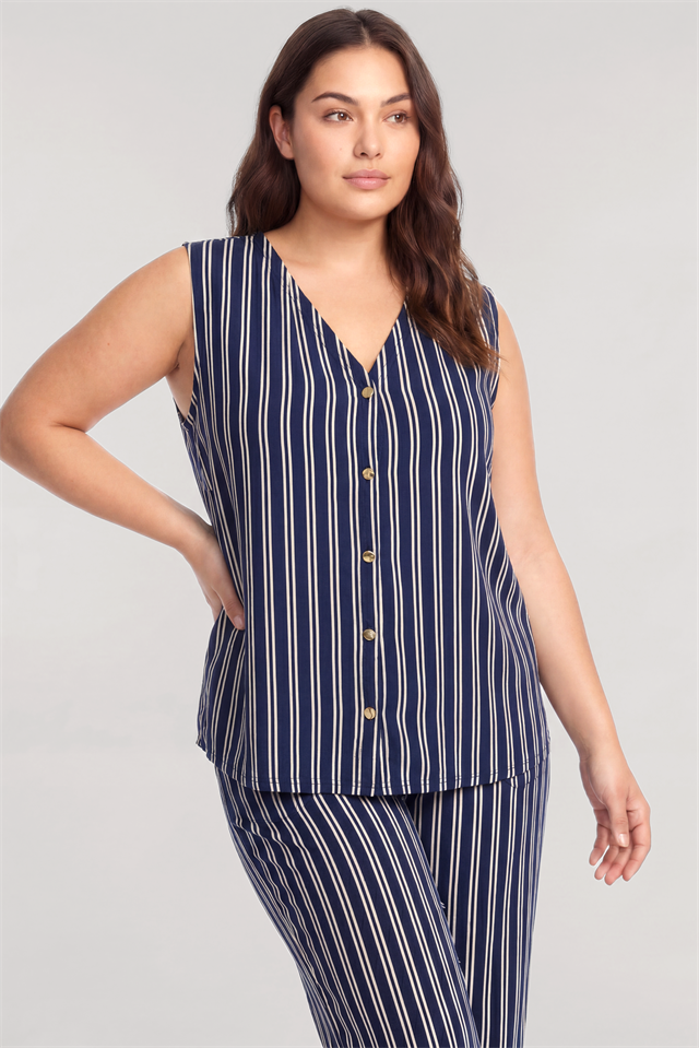 Akbeniz Büyük Beden Lacivert Çizgili Yelekli Yazlık Pijama Takımı