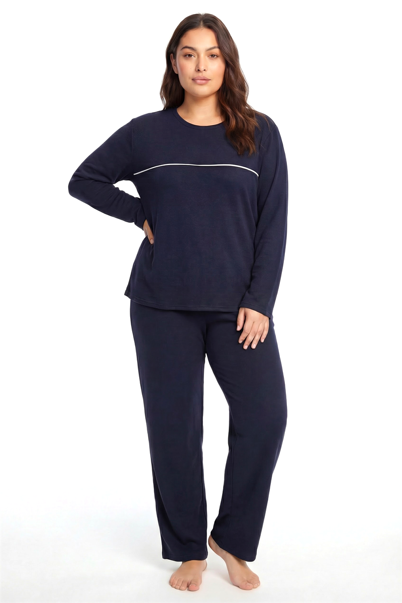 Akbeniz Büyük Beden Şerit Detaylı Kalın Uzun Kollu Kadın Pijama Takımı Lacivert