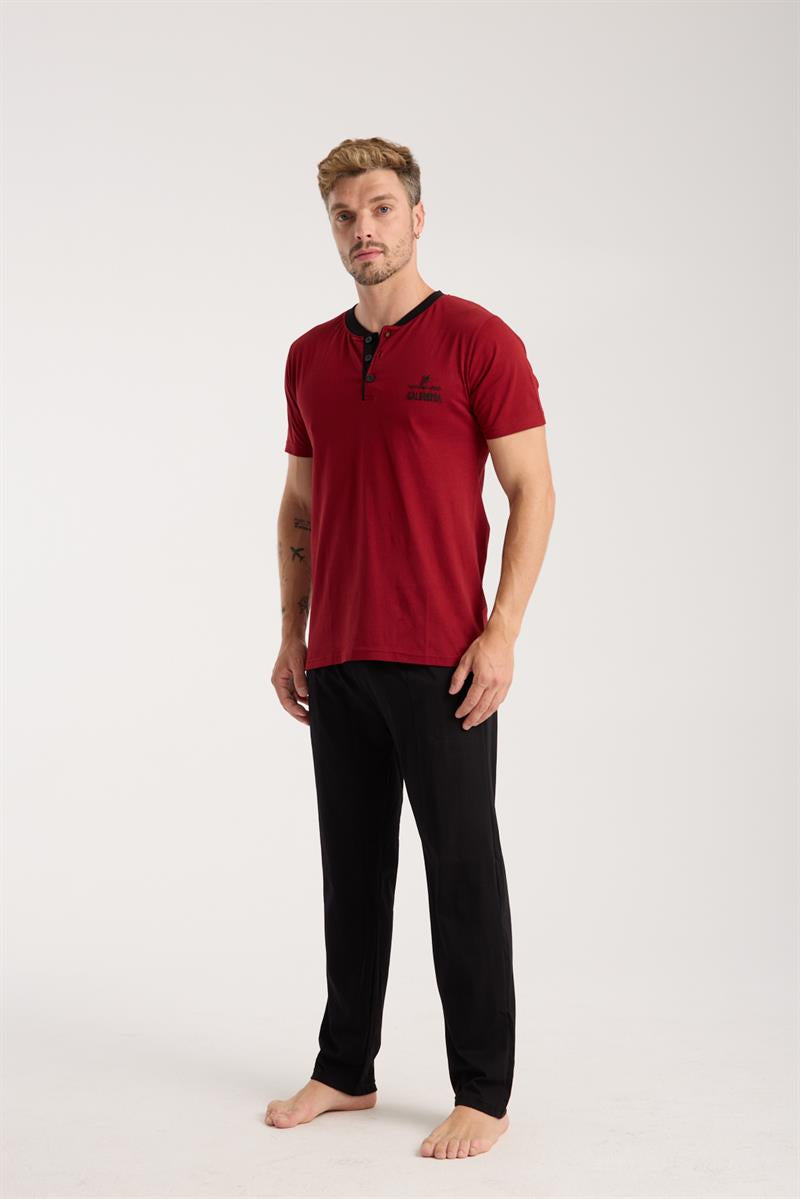 Akbeniz Erkek Bordo Düğmeli Yaka Kısa Kol Pijama Takımı