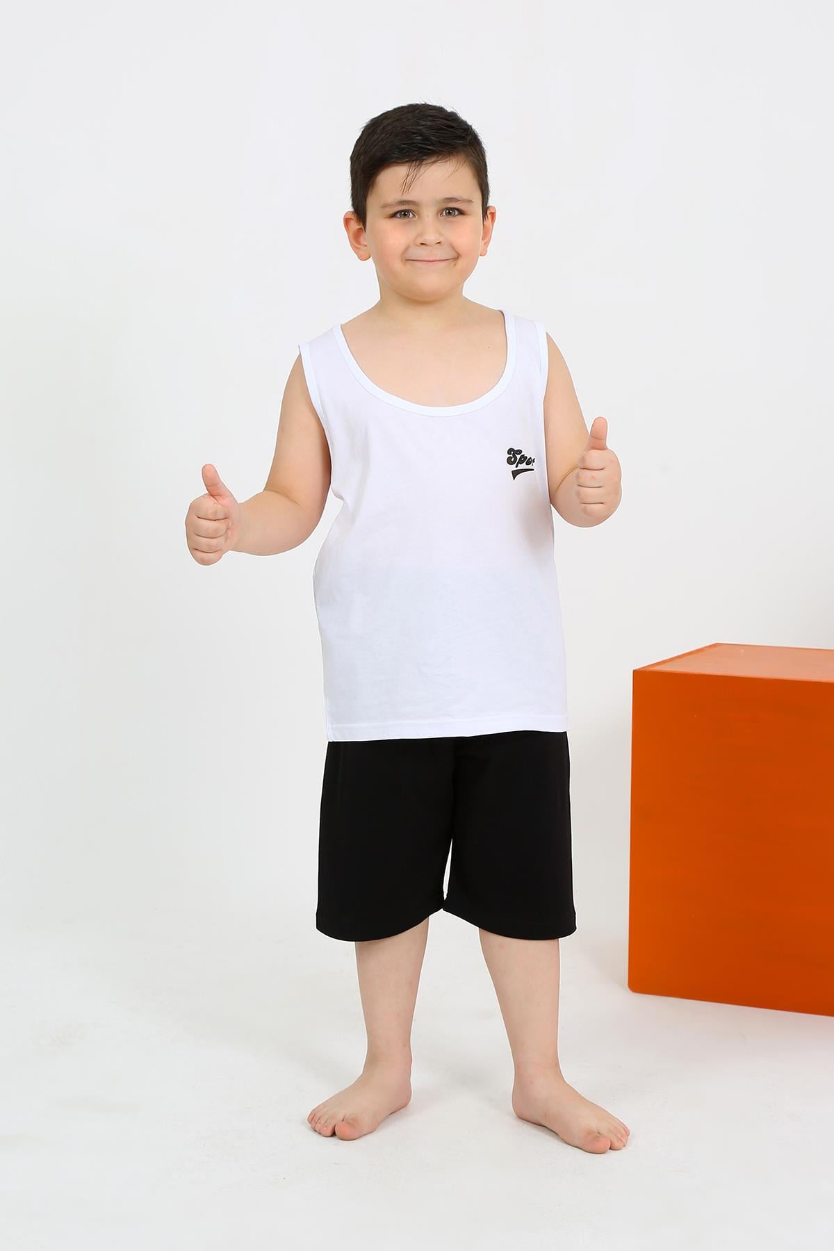 Akbeniz Erkek Çocuk Sıfır Kol Şortlu Beyaz Penye Pijama Takımı 20434