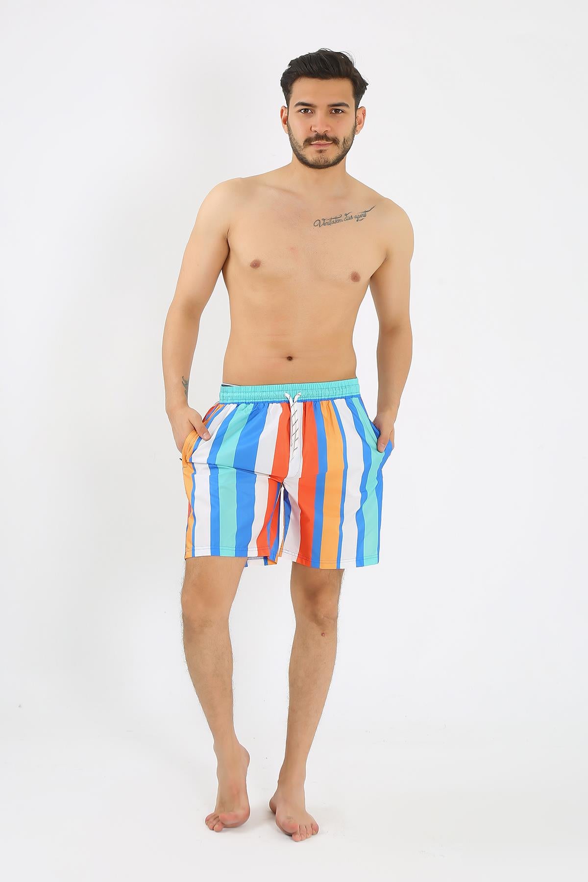 Akbeniz Men Patterned Zipper Pocket Swim Shorts Blue 27526