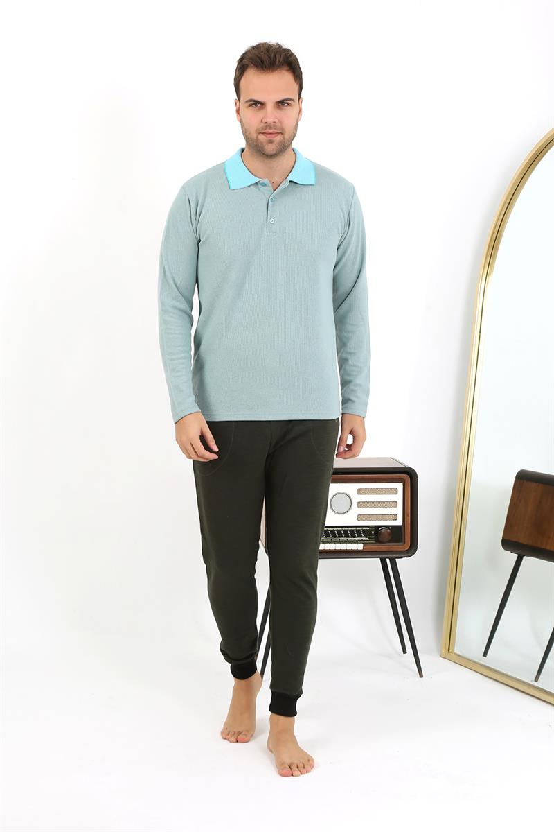 Akbeniz Erkek Polo Yaka Uzun Kol Penye Pijama Takımı 6862 Su Yeşili