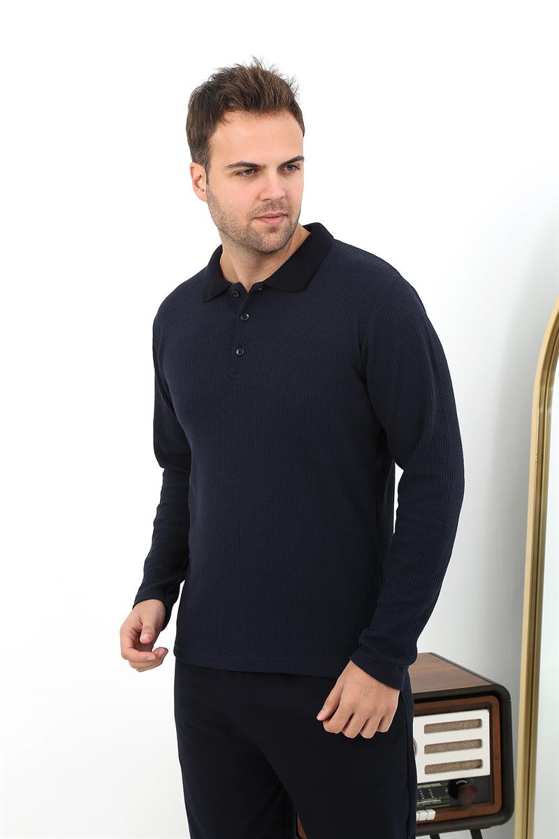 Akbeniz Erkek Polo Yaka Uzun Kol Penye Pijama Takımı 6862 Lacivert