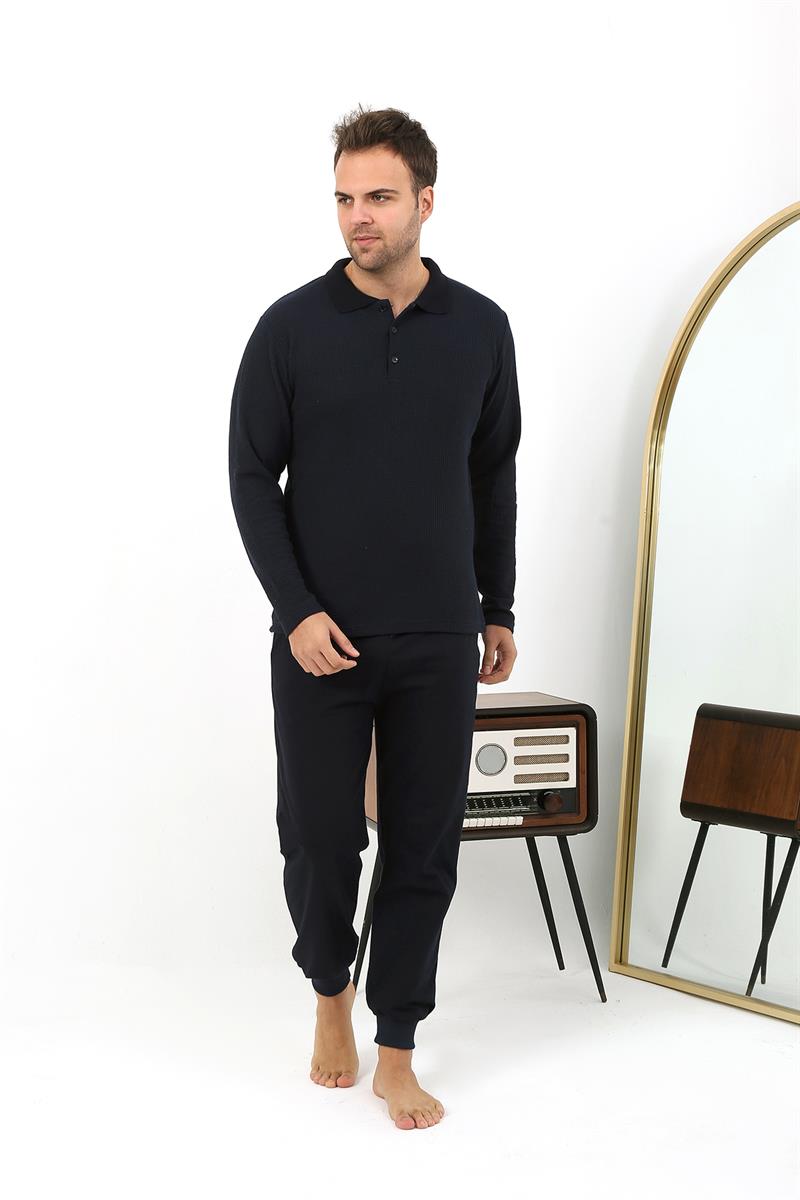 Akbeniz Erkek Polo Yaka Uzun Kol Penye Pijama Takımı 6862 Lacivert