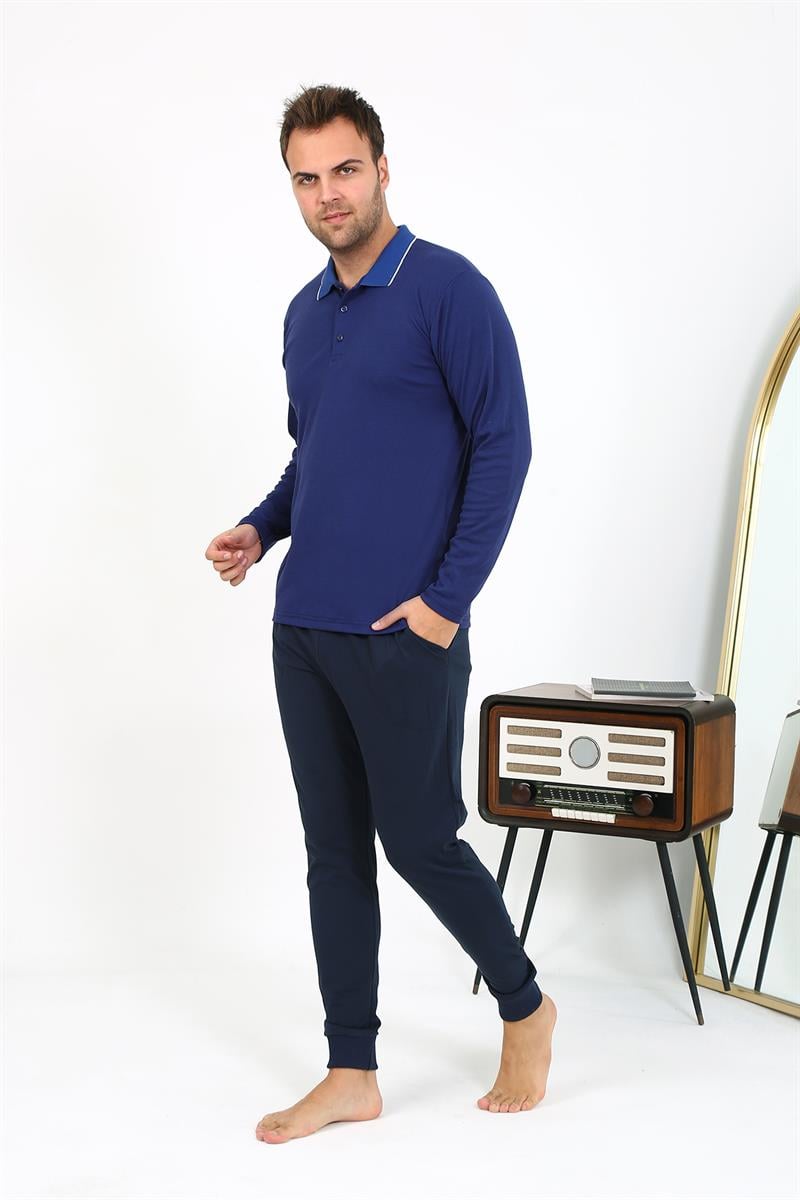 Akbeniz Erkek Polo Yaka Uzun Kol Penye Pijama Takımı Lacivert 6865