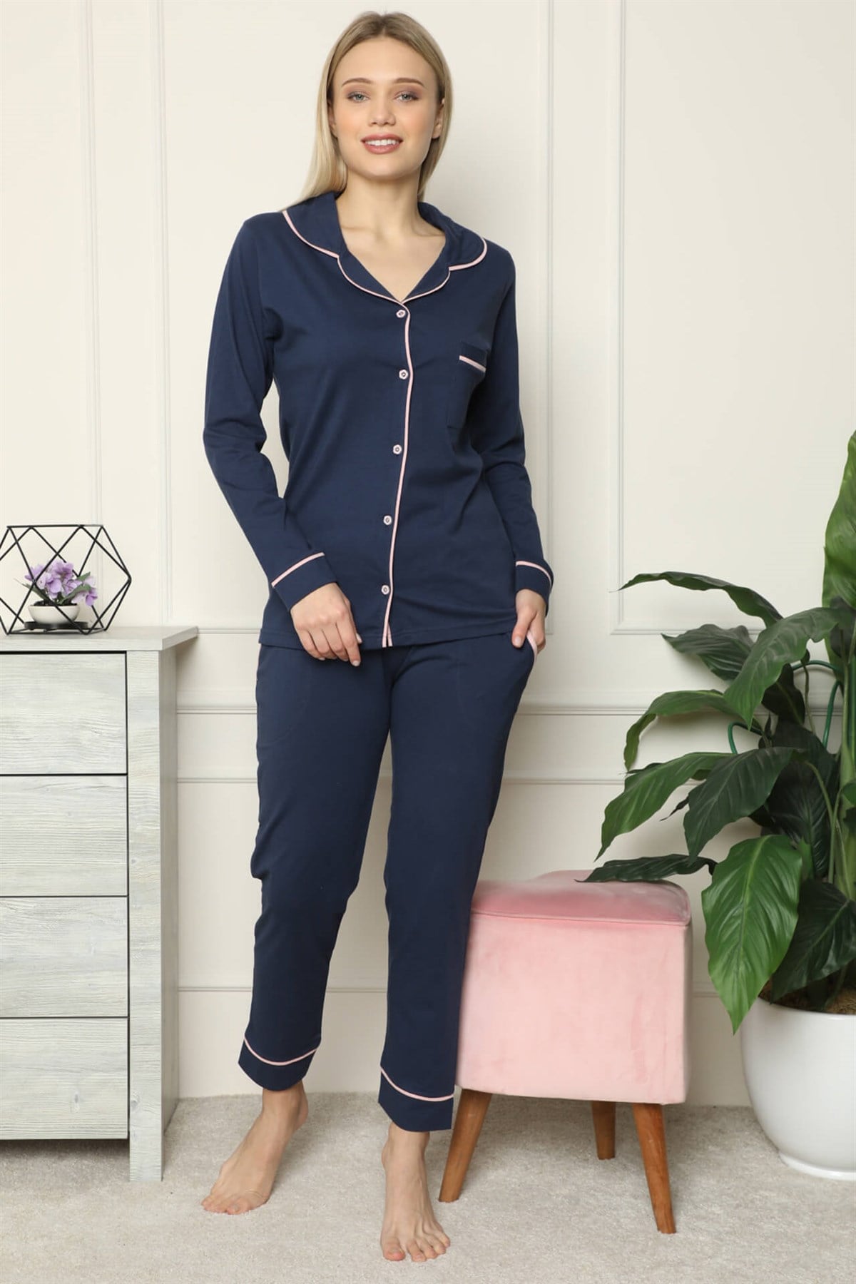 Akbeniz Kadın %100 Pamuk Penye Önden Düğmeli Uzun Kol Pijama Takım 2713