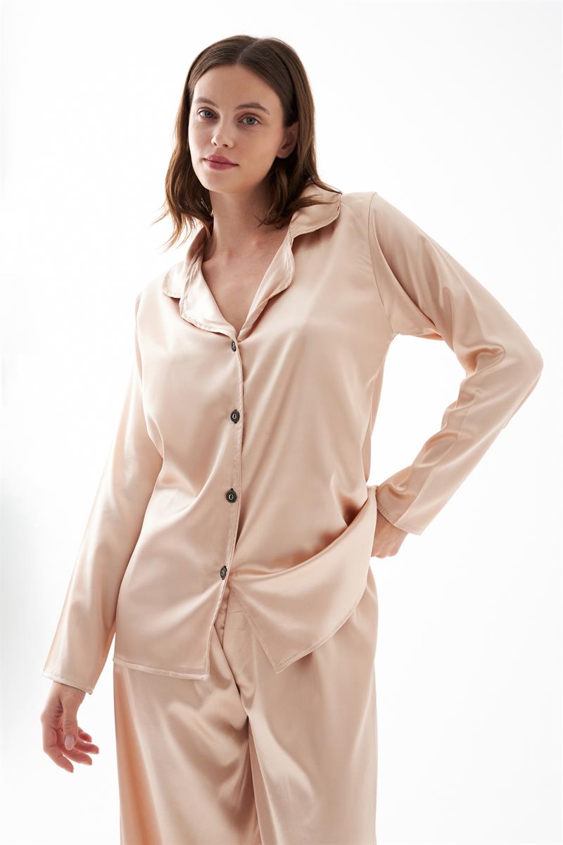 Akbeniz Kadın Bej Oversize Saten Pijama Takımı