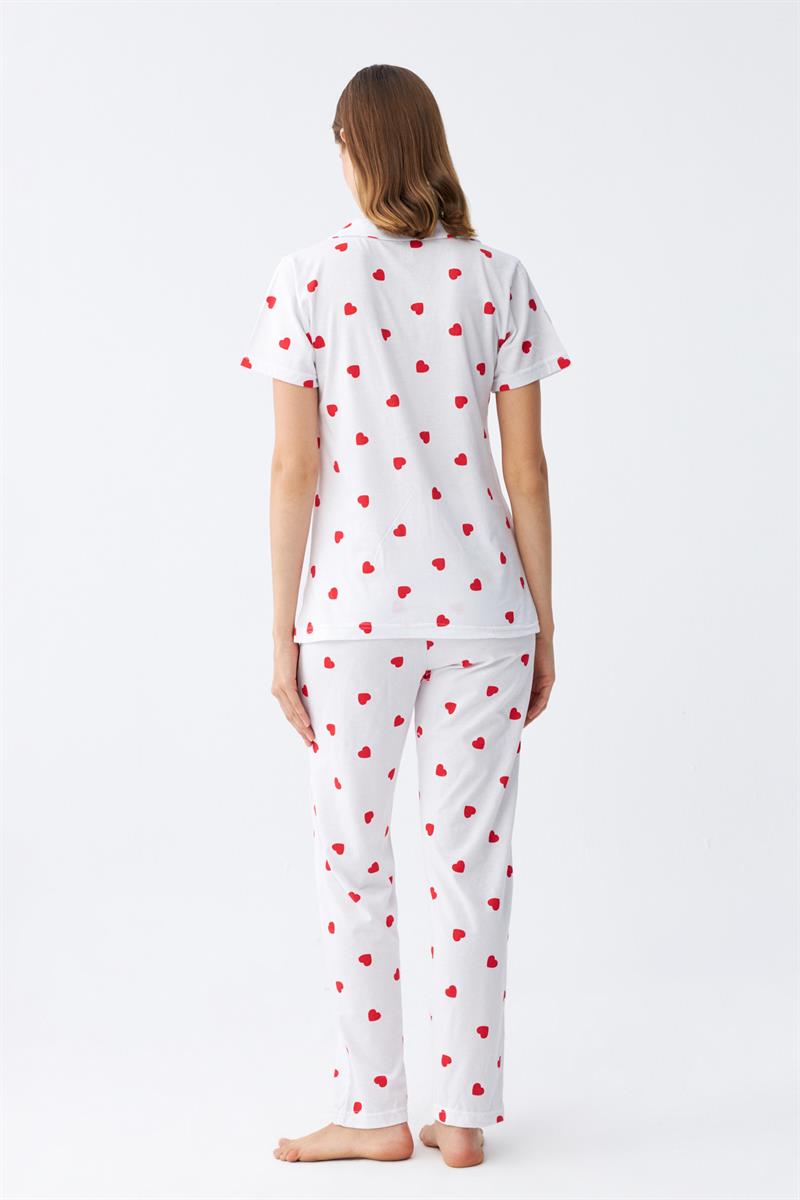 Akbeniz Kadın Beyaz Kırmızı Kalpli Önden Düğmeli Pijama Takımı