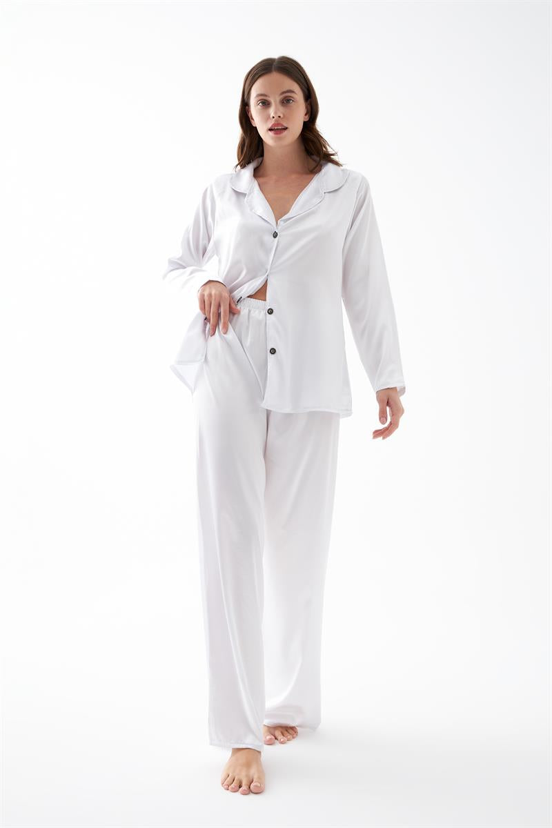 Akbeniz Kadın Beyaz Oversize Saten Pijama Takımı