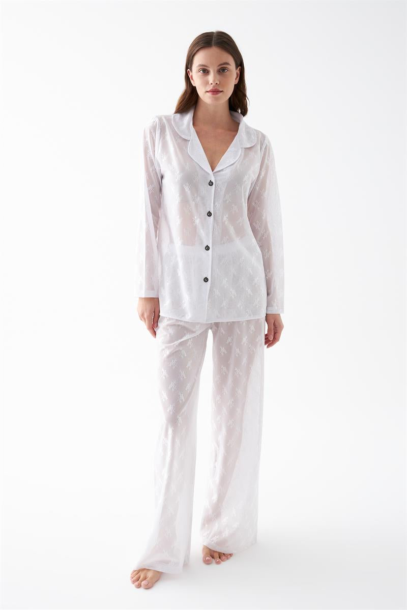 Akbeniz Kadın Beyaz Şeffaf Jakar Düğmeli Pijama Takımı