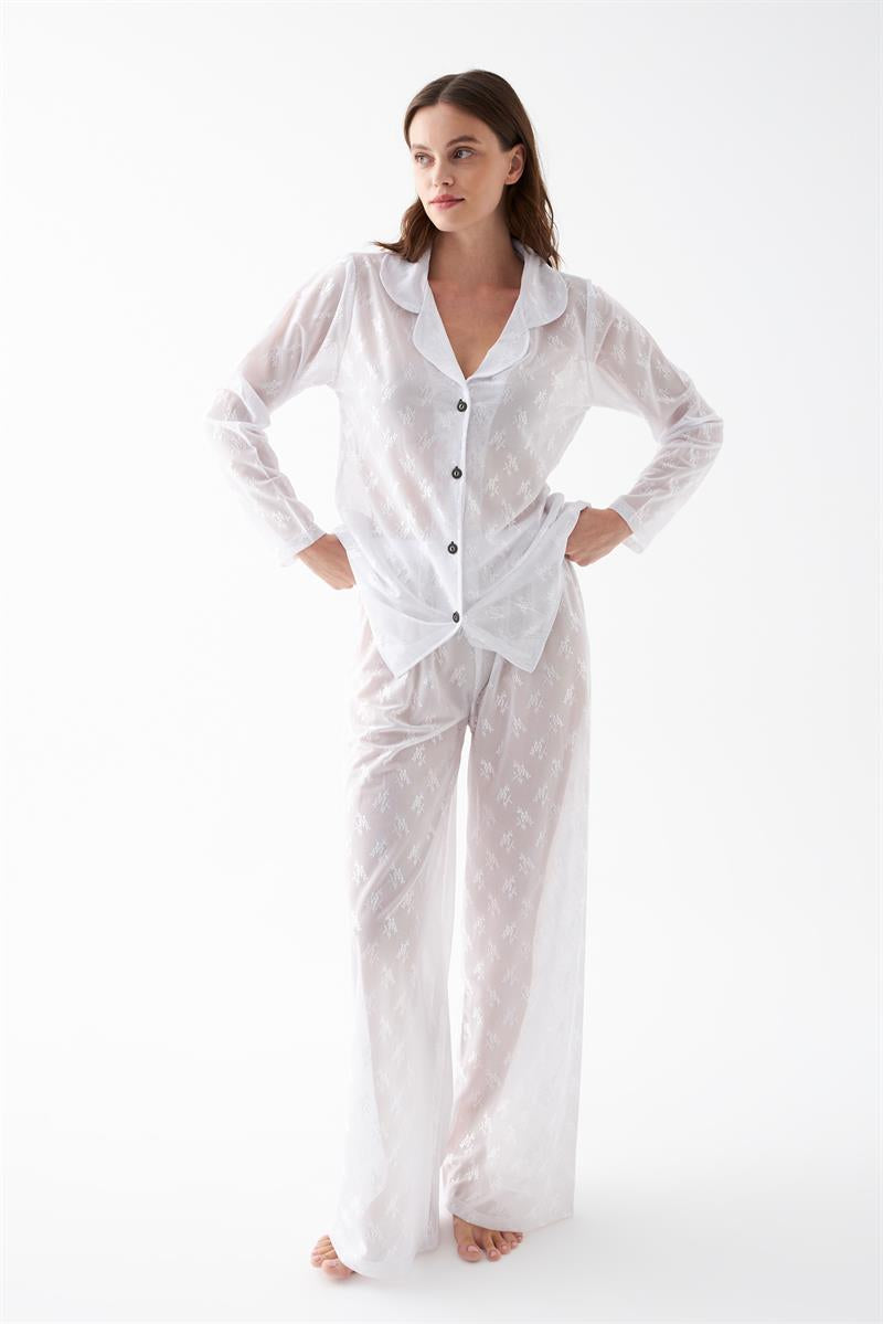 Akbeniz Kadın Beyaz Şeffaf Jakar Düğmeli Pijama Takımı