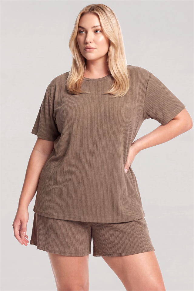 Akbeniz Kadın Büyük Beden Kahve Fitilli Dokulu Şortlu Pijama Takımı