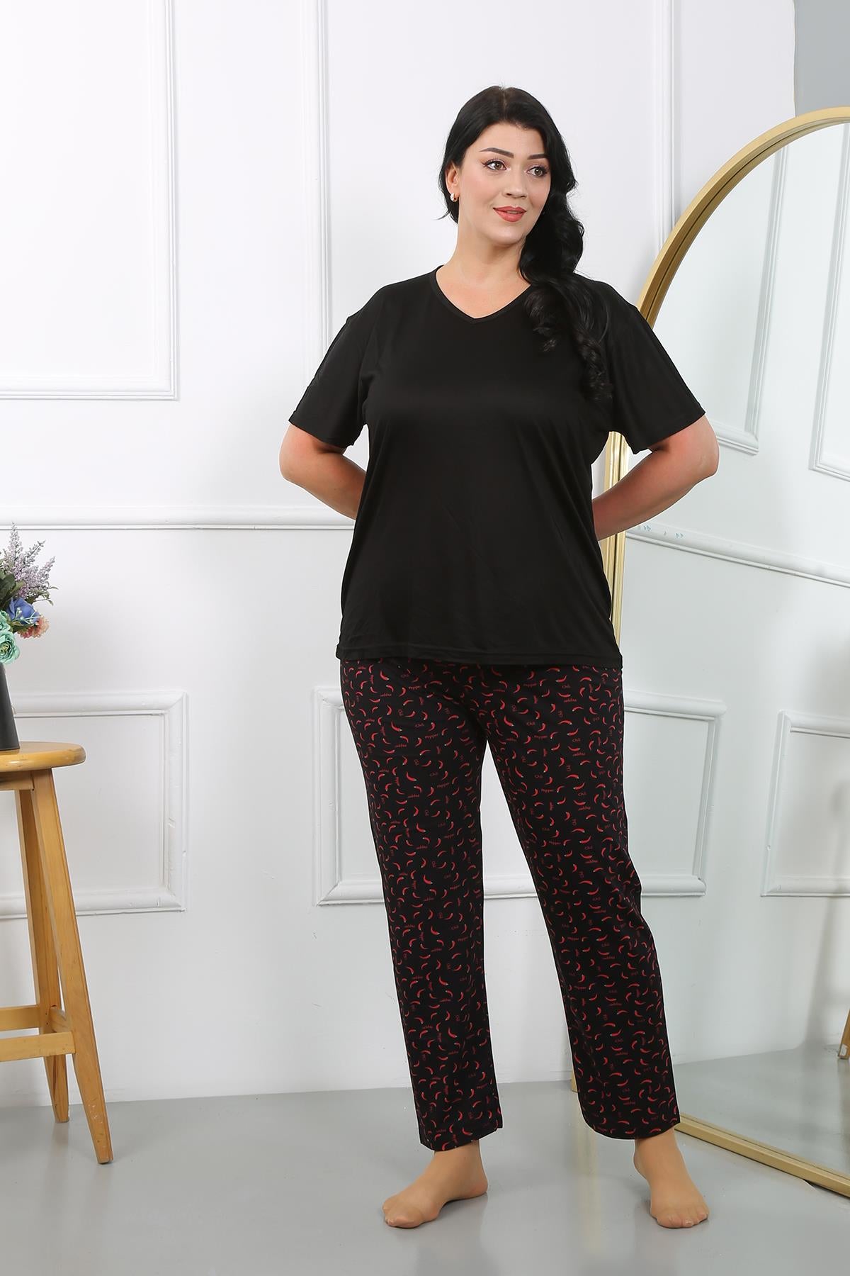 Akbeniz Kadın Büyük Beden Kısa Kol Penye Pijama Takımı Siyah 202406