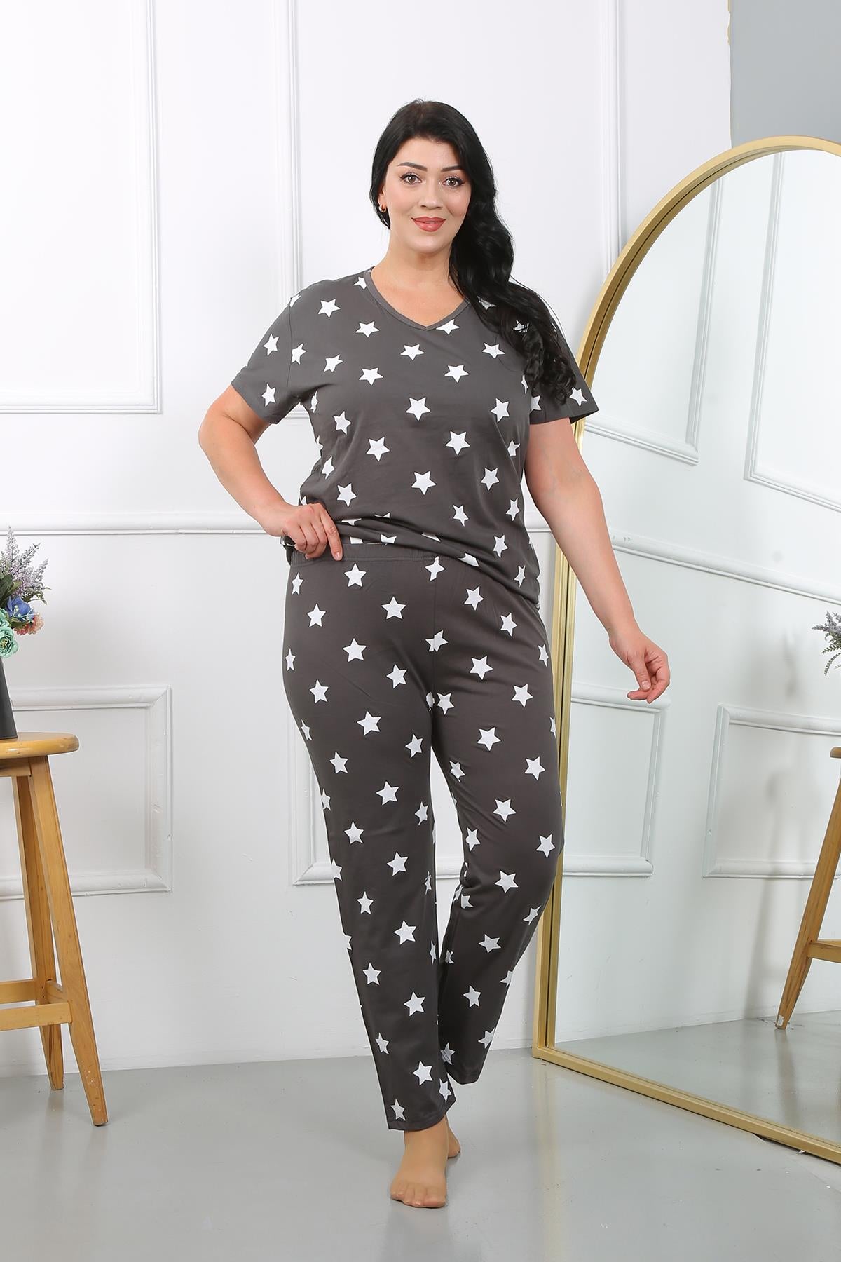 Akbeniz Kadın Büyük Beden Kısa Kol Penye Pijama Takımı Füme 202407