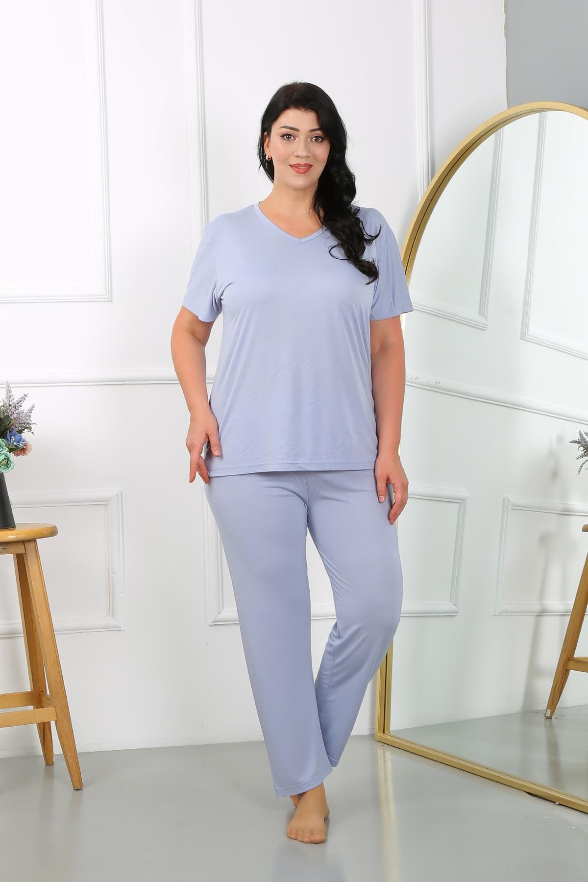 Akbeniz Kadın Büyük Beden Kısa Kol Penye Pijama Takımı Lila 202405