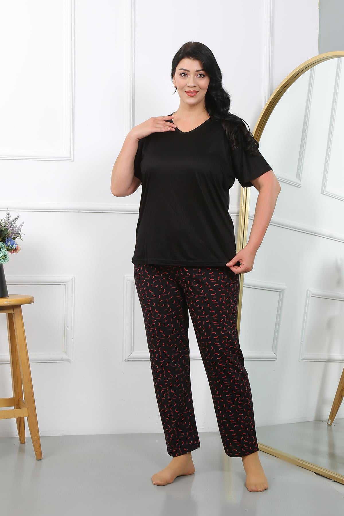 Akbeniz Kadın Büyük Beden Kısa Kol Penye Pijama Takımı Siyah 202406