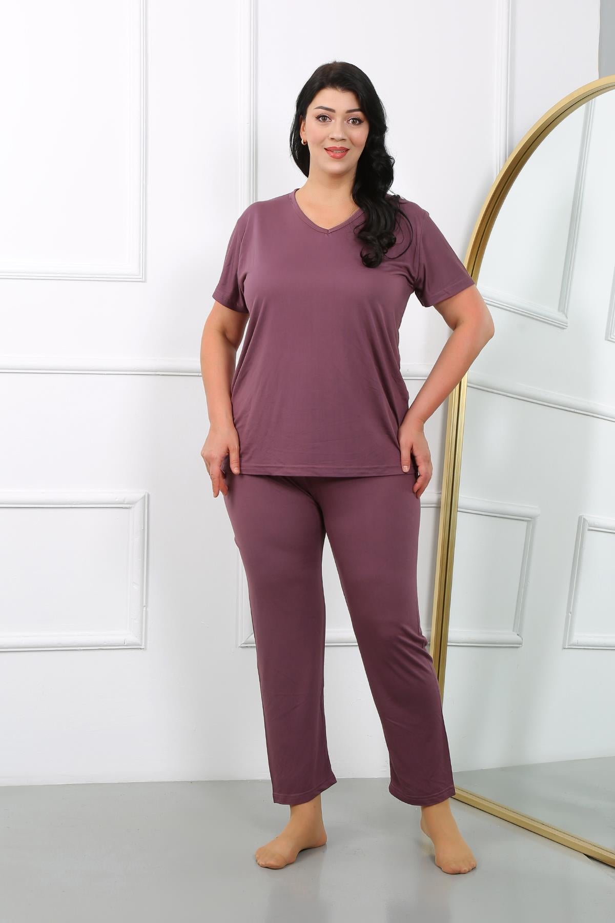 Akbeniz Kadın Büyük Beden Kısa Kol Penye Pijama Takımı Mürdüm 202405