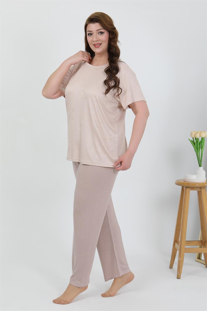 Akbeniz Kadın Büyük Beden Kısa Kol Penye Pijama Takımı Sütlü Kahve 202510